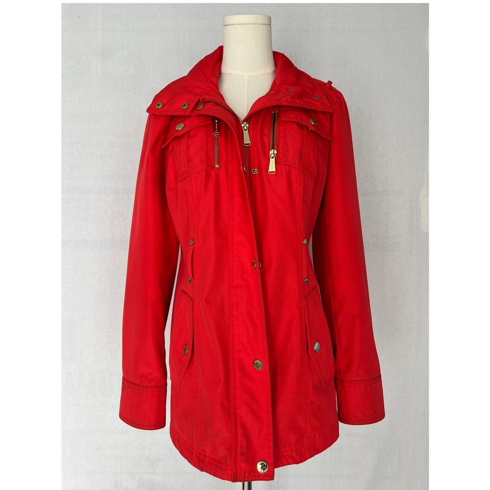 Michael Kors Red Jacket WOMENS S Hidden Hood Gold Hardware Utility Coat Parka